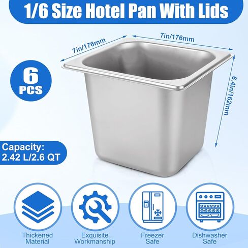 6 قطع من مقلاة الفندق المصنوعة من الفولاذ المقاوم للصدأ مقاس 1/6 مقاس 6 بوصات مقلاة بخار عميقة من الفولاذ المقاوم للصدأ مقالي طعام تجارية مقاس 1/6 مقالي طاولة بخار مقلاة مستطيلة من الفولاذ المقاوم للصدأ للفندق والمطاعم والبوفيه والمنزل in Kuwait