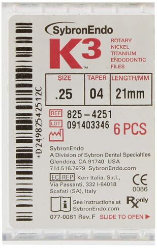 825-4251 K3 NiTi Endo File, 0.04 mm Taper, Green Taper, 25 Tip Size, Red Tip Color, Nickel-Titanium, 21 mm Length (Pack of 6) in Saudi Arabia