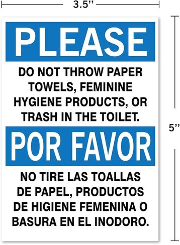 (عبوتان) يرجى: عدم رمي المناشف الورقية أو منتجات النظافة النسائية أو القمامة في ملصق الفينيل الخاص بالمرحاض. 3.5 × 5 بوصة ثنائي اللغة. Por Favor No Tirar Las Toallas De Papel o Basura in Kuwait