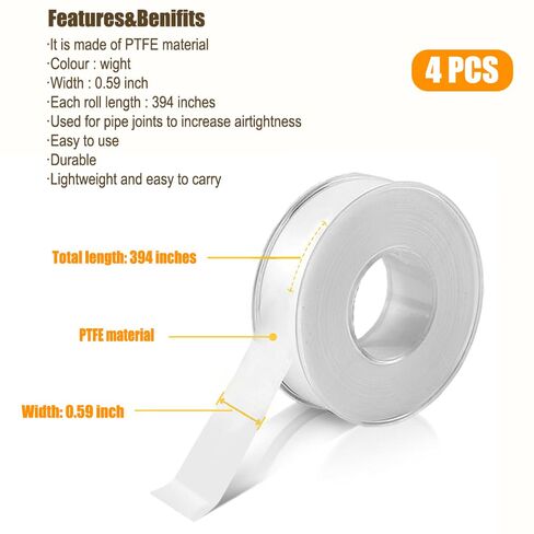 4 Rolls 1/2 Inch(W) X 32.8 Ft(L) Teflon Plumbers Tape,Pipe Sealing & Plumbing Thread Tape, Water Sealant Seal for Shower Head, White in Saudi Arabia