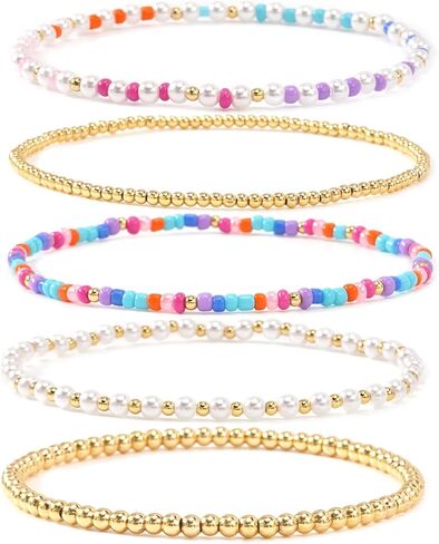 5PCS 14K Gold Beaded Stretch Bracelet Stack for Women,Handmade Boho Turquoise Pink Beads Bracelet Set Fashion Summer Holiday Prom Jewelry Gift Friendship in Saudi Arabia