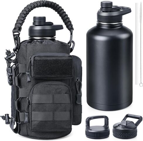 زجاجة مياه معزولة سعة 64 أونصة من RXW مع غطاء، إبريق ماء تكتيكي من الفولاذ المقاوم للصدأ سعة 64 أونصة، زجاجة مياه عسكرية كبيرة مع حقيبة 3 في 1/3 أغطية/مقبض القش/الباراكورد لصالة الألعاب الرياضية والتخييم والتمرين in Kuwait