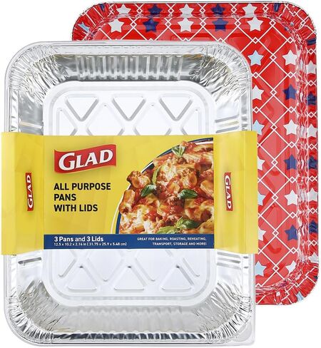 Glad Disposable Aluminum All Purpose Pans in Red, White & Blue Stars, 3ct with Lids - Printed Colorful Foil Steam Pans - 12.5" x 10.2" x 2.16" Aluminum Pan - Disposable Steamware in Saudi Arabia