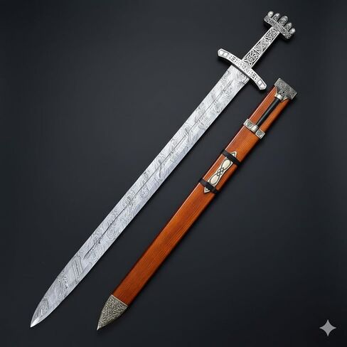 DARK WARRIOR - سيف الفايكنج المصنوع يدويًا، سيوف نورثمان من الفولاذ الدمشقي الجاهز للمعركة مع غمد [أفضل نسخة طبق الأصل لهواة جمع الفايكنج] in Kuwait