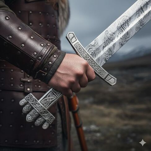DARK WARRIOR - سيف الفايكنج المصنوع يدويًا، سيوف نورثمان من الفولاذ الدمشقي الجاهز للمعركة مع غمد [أفضل نسخة طبق الأصل لهواة جمع الفايكنج] in Kuwait