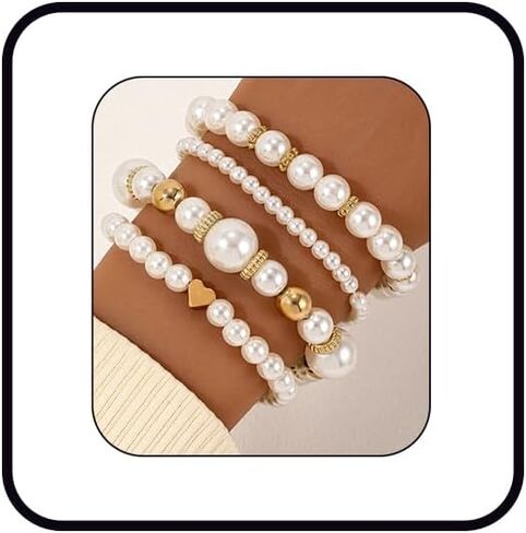Pearl Bracelet Set for Women Stackable Pearls Bracelet Silver Pearl Stretch Beaded Bracelet Elastic Heart Bracelets Prom Party Wedding Jewelry in Kuwait