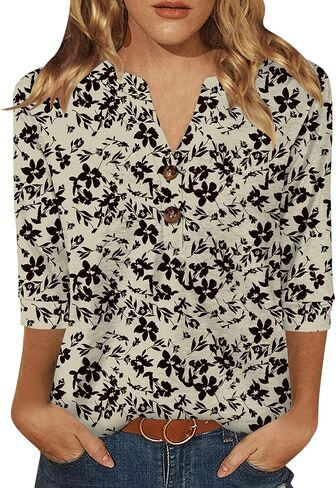 Binshre Womens Western Tops 3/4 Length Sleeve Shirts V Neck Graphic Shirts for Women Casual Tunic Blouses Cactus Desert Tees in Kuwait