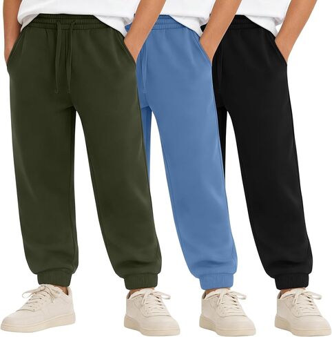 3 Pack Boys' Active Sweatpants Kids Athletic Casual Joggers Youth Drawstring Elastic Waist Pants with 3 Pockets in Kuwait