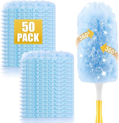 50 عبوة منفضة منفضة غبار منفضة دوارة، مجموعة منافض للاستعمال مرة واحدة لتنظيف المنزل والمكتب ومراوح السقف والأثاث (50 قطعة + مقبض ممتد بطول 3 أقدام + مقبض واحد) in Kuwait