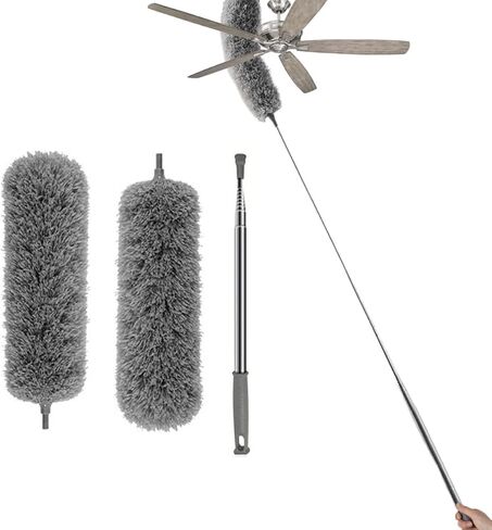 Microfiber Cobweb Duster with 16-100 Inch Extension Pole, Washable Cleaning Duster Kit with 2 Duster Heads Bendable Washable Head Ceiling Fan Duster for High Ceilings, Blinds, Furniture & Car Cleaning in Kuwait