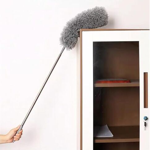 Microfiber Cobweb Duster with 16-100 Inch Extension Pole, Washable Cleaning Duster Kit with 2 Duster Heads Bendable Washable Head Ceiling Fan Duster for High Ceilings, Blinds, Furniture & Car Cleaning in Kuwait