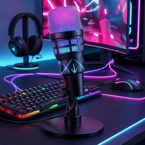 ميكروفون USB RGB لبث البودكاست لألعاب الكمبيوتر | ميكروفون مكثف مع كتم الصوت، حامل للصدمات، التحكم في الكسب، متوافق مع PS4/5 in Saudi Arabia