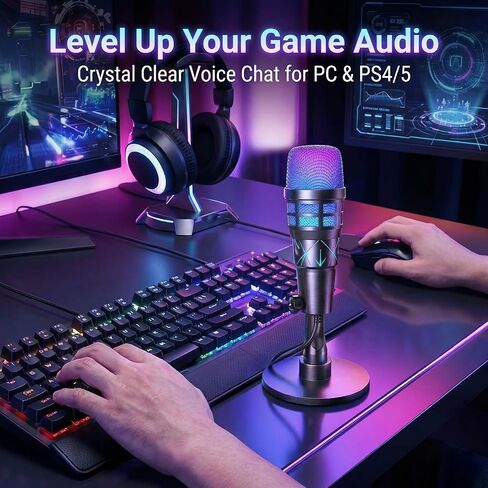 ميكروفون USB RGB لبث البودكاست لألعاب الكمبيوتر | ميكروفون مكثف مع كتم الصوت، حامل للصدمات، التحكم في الكسب، متوافق مع PS4/5 in Saudi Arabia