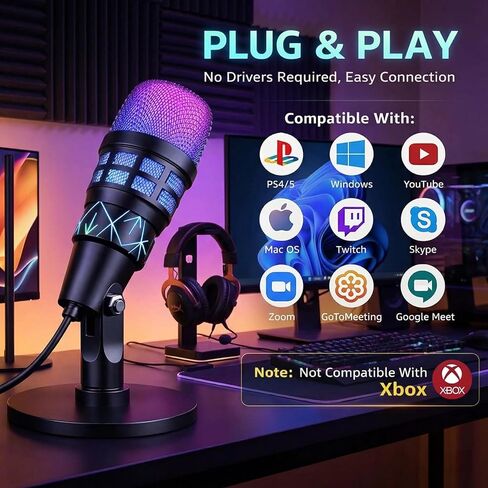 ميكروفون USB RGB لبث البودكاست لألعاب الكمبيوتر | ميكروفون مكثف مع كتم الصوت، حامل للصدمات، التحكم في الكسب، متوافق مع PS4/5 in Saudi Arabia