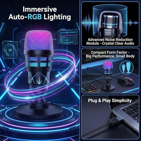 ميكروفون USB RGB لبث البودكاست لألعاب الكمبيوتر | ميكروفون مكثف مع كتم الصوت، حامل للصدمات، التحكم في الكسب، متوافق مع PS4/5 in Saudi Arabia