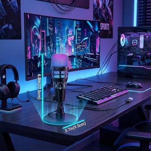 ميكروفون USB RGB لبث البودكاست لألعاب الكمبيوتر | ميكروفون مكثف مع كتم الصوت، حامل للصدمات، التحكم في الكسب، متوافق مع PS4/5 in Saudi Arabia