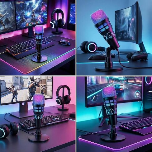 ميكروفون USB RGB لبث البودكاست لألعاب الكمبيوتر | ميكروفون مكثف مع كتم الصوت، حامل للصدمات، التحكم في الكسب، متوافق مع PS4/5 in Saudi Arabia
