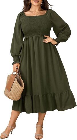 SCOMCHIC Women's Plus Size Maxi Dress Long Sleeve Square Neck Dress Casual Smocked Ruffle Swing Flowy Long Fall Dresses in Saudi Arabia
