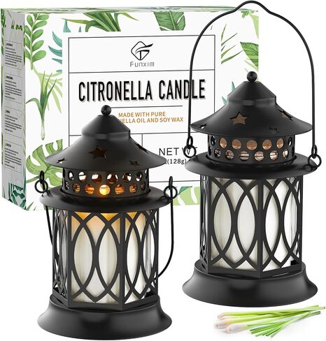 شموع السترونيلا للاستخدام الخارجي، عبوتان من شموع شمع الصويا المعطرة بعشب الليمون مع حامل فانوس معدني، مجموعة شموع خارجية لتزيين حديقة الفناء والتخييم، مجموعة هدايا in Kuwait