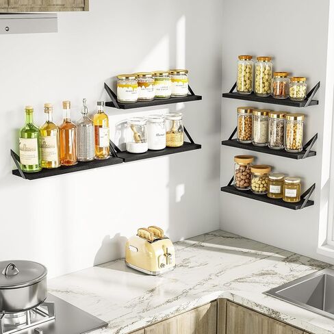 SRIWATANA Floating Shelves for Wall Decor, Wood Wall Shelves for Bathroom, Bedroom, Kitchen, Living Room, Set of 6 (Weathered Black) in Kuwait