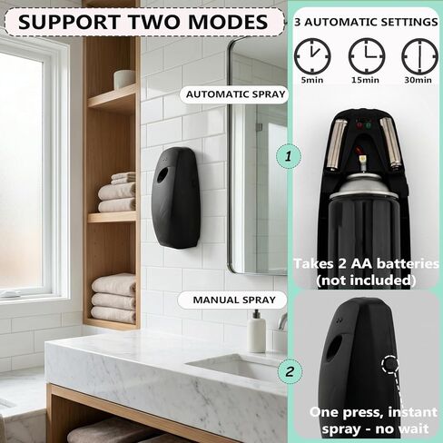 موزع معطر هواء أوتوماتيكي - عبوتان من رذاذ الرذاذ المثبت على الحائط للمنزل والحمام والمكتب - بخاخ رائحة يعمل بالبطارية متوافق مع معطرات الهواء التجارية (أسود) in Kuwait