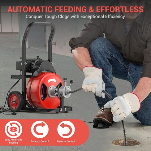 100Ft 3/4 Inch Electric Drain Cleaner Machine, 750W Auto Feed Sewer Snake Drain Auger with 6 Cutters & Air-Activated Foot Switch, Portable Electric Drain Cleaner for 4" to 8" Pipes in Saudi Arabia