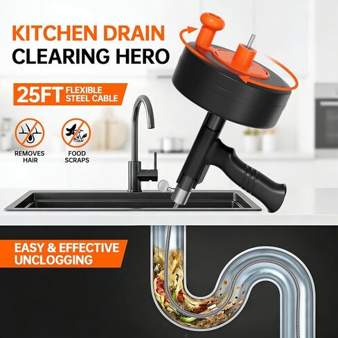 مثقاب تصريف عالي التحمل بطول 25 قدمًا، ثعبان سباكة احترافي مع محول مثقاب، مزيل انسداد يدوي ومزود بالطاقة للمطبخ والحمام وحوض الاستحمام وحوض الاستحمام، منظف ثعبان الأنابيب المرن مع قفازات in Kuwait