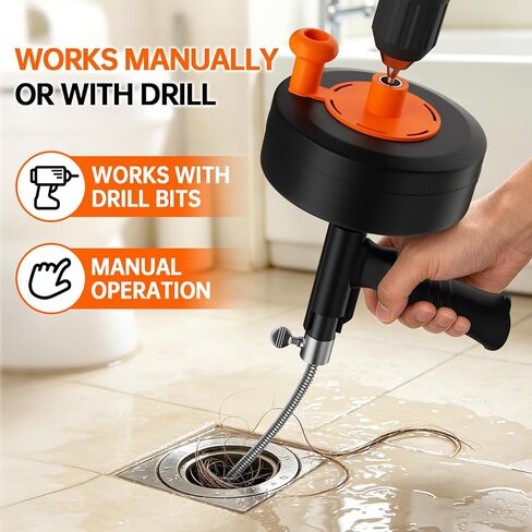 مثقاب تصريف عالي التحمل بطول 25 قدمًا، ثعبان سباكة احترافي مع محول مثقاب، مزيل انسداد يدوي ومزود بالطاقة للمطبخ والحمام وحوض الاستحمام وحوض الاستحمام، منظف ثعبان الأنابيب المرن مع قفازات in Kuwait