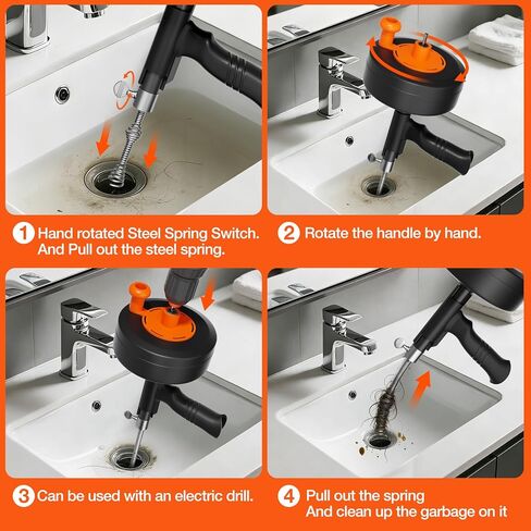 مثقاب تصريف عالي التحمل بطول 25 قدمًا، ثعبان سباكة احترافي مع محول مثقاب، مزيل انسداد يدوي ومزود بالطاقة للمطبخ والحمام وحوض الاستحمام وحوض الاستحمام، منظف ثعبان الأنابيب المرن مع قفازات in Kuwait