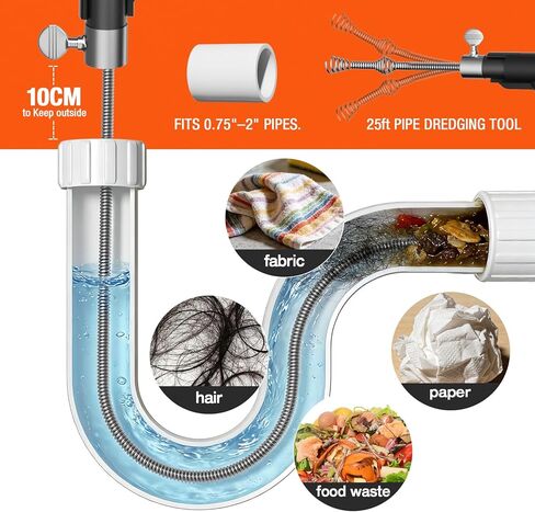 مثقاب تصريف عالي التحمل بطول 25 قدمًا، ثعبان سباكة احترافي مع محول مثقاب، مزيل انسداد يدوي ومزود بالطاقة للمطبخ والحمام وحوض الاستحمام وحوض الاستحمام، منظف ثعبان الأنابيب المرن مع قفازات in Kuwait