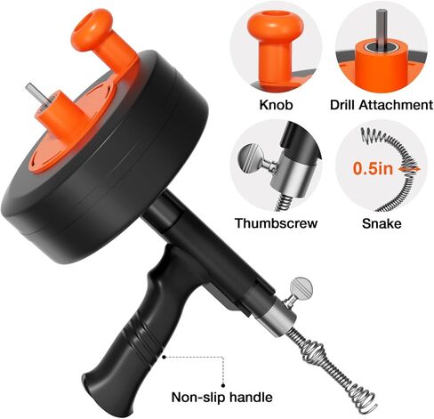 مثقاب تصريف عالي التحمل بطول 25 قدمًا، ثعبان سباكة احترافي مع محول مثقاب، مزيل انسداد يدوي ومزود بالطاقة للمطبخ والحمام وحوض الاستحمام وحوض الاستحمام، منظف ثعبان الأنابيب المرن مع قفازات in Kuwait