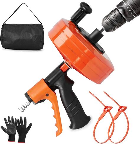 ثعبان تصريف بطول 50 قدمًا مع ملحق تغذية وحفر تلقائي - أوجير سباكة شديد التحمل للمرحاض والحوض والدش وقباقيب حوض الاستحمام - مزيل سدادة تصريف الثعبان المرن بطول 50 قدم in Kuwait