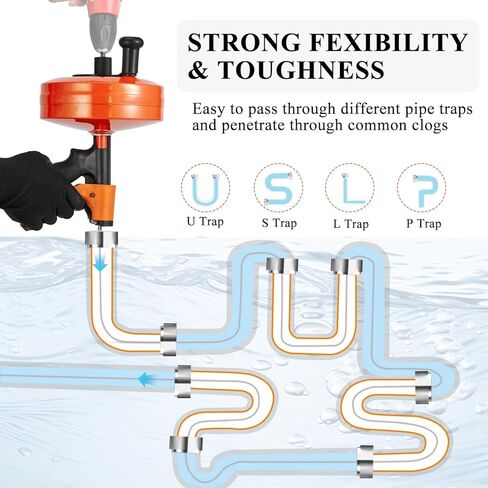 ثعبان تصريف بطول 50 قدمًا مع ملحق تغذية وحفر تلقائي - أوجير سباكة شديد التحمل للمرحاض والحوض والدش وقباقيب حوض الاستحمام - مزيل سدادة تصريف الثعبان المرن بطول 50 قدم in Kuwait
