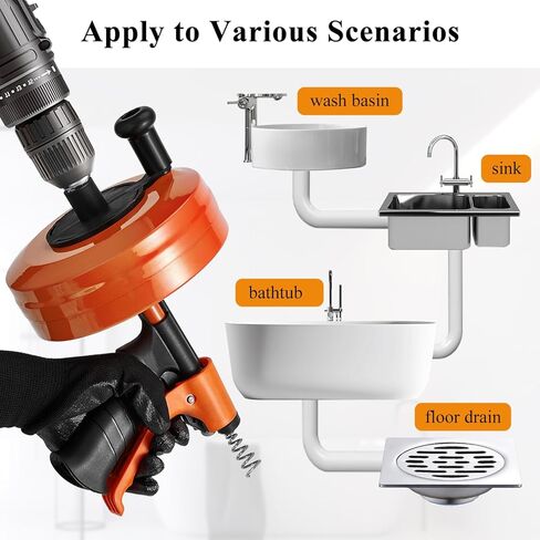 ثعبان تصريف بطول 50 قدمًا مع ملحق تغذية وحفر تلقائي - أوجير سباكة شديد التحمل للمرحاض والحوض والدش وقباقيب حوض الاستحمام - مزيل سدادة تصريف الثعبان المرن بطول 50 قدم in Kuwait