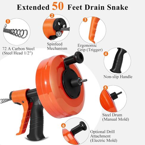 ثعبان تصريف بطول 50 قدمًا مع ملحق تغذية وحفر تلقائي - أوجير سباكة شديد التحمل للمرحاض والحوض والدش وقباقيب حوض الاستحمام - مزيل سدادة تصريف الثعبان المرن بطول 50 قدم in Kuwait