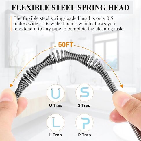 ثعبان تصريف بطول 50 قدمًا مع ملحق تغذية وحفر تلقائي - أوجير سباكة شديد التحمل للمرحاض والحوض والدش وقباقيب حوض الاستحمام - مزيل سدادة تصريف الثعبان المرن بطول 50 قدم in Kuwait