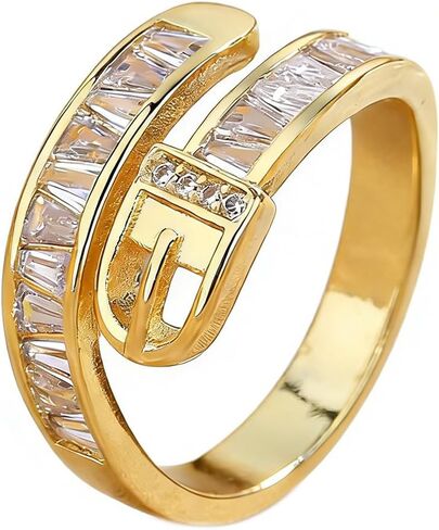 HUUGVBCO 925 Sterling Silver Belt Buckle Ring with 5A Cubic Zirconia CZ Crystal Diamond Adjustable Open Ring Personalized Gold Plated Stacking Statement Jewelry Ring for Women(Silver) in Kuwait