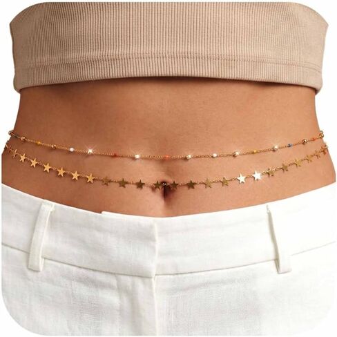 Waist Chain Silver Star Belly Chains Gold Beads Women Crystal Sequins Body Jewelry for Pants and Swimsuits in Kuwait