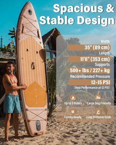 TIGERXBANG Inflatable Stand Up Paddle Board, 11'6" x 35" x 6", Tribal Spirit Design, SUP for 3 People, Perfect for Relaxation & Exploration in Kuwait