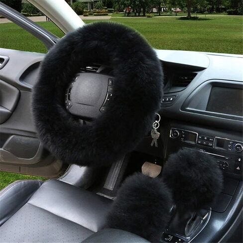 Fluffy Steering Wheel Cover Set,3pcs Set Winter Warm Furry Steering Wheel Cover&Handbrake Cover&Gear Shift Cover Set Faux Wool Uinversal Plush Non-Slip Car Interior Accessories-14.96"(38cm) (Pink) in Saudi Arabia