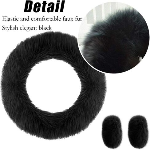 Fluffy Steering Wheel Cover Set,3pcs Set Winter Warm Furry Steering Wheel Cover&Handbrake Cover&Gear Shift Cover Set Faux Wool Uinversal Plush Non-Slip Car Interior Accessories-14.96"(38cm) (Pink) in Saudi Arabia