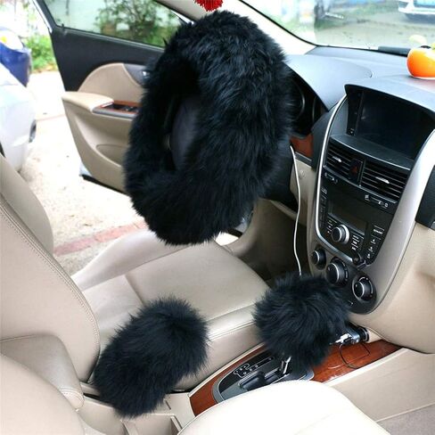 Fluffy Steering Wheel Cover Set,3pcs Set Winter Warm Furry Steering Wheel Cover&Handbrake Cover&Gear Shift Cover Set Faux Wool Uinversal Plush Non-Slip Car Interior Accessories-14.96"(38cm) (Pink) in Saudi Arabia