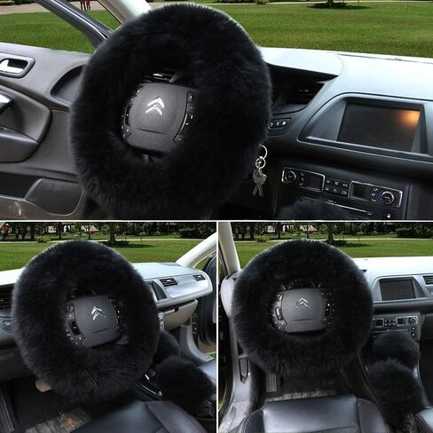 Fluffy Steering Wheel Cover Set,3pcs Set Winter Warm Furry Steering Wheel Cover&Handbrake Cover&Gear Shift Cover Set Faux Wool Uinversal Plush Non-Slip Car Interior Accessories-14.96"(38cm) (Pink) in Saudi Arabia