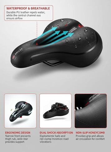 Comfortable Bike Seat Cushion for Men Women, Wide Memory Foam Bicycle Saddle with Dual Shock Absorbing Balls, Waterproof Universal Bike Seat Replacement with Reflective Strip for Peloton Road Cruiser in Saudi Arabia