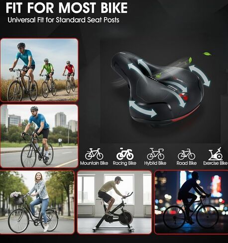 Comfortable Bike Seat Cushion for Men Women, Wide Memory Foam Bicycle Saddle with Dual Shock Absorbing Balls, Waterproof Universal Bike Seat Replacement with Reflective Strip for Peloton Road Cruiser in Saudi Arabia