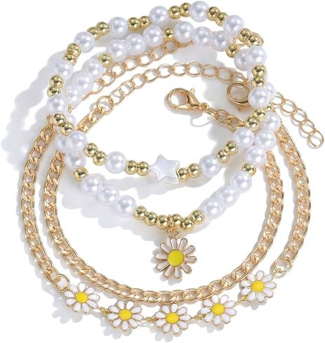 Gold Daisy Bracelet Set for Women White Pearl Stretch Beaded Bracelets Layered Daisy Strand Bracelet summer Boho Bracelets Jewelry Set in Kuwait