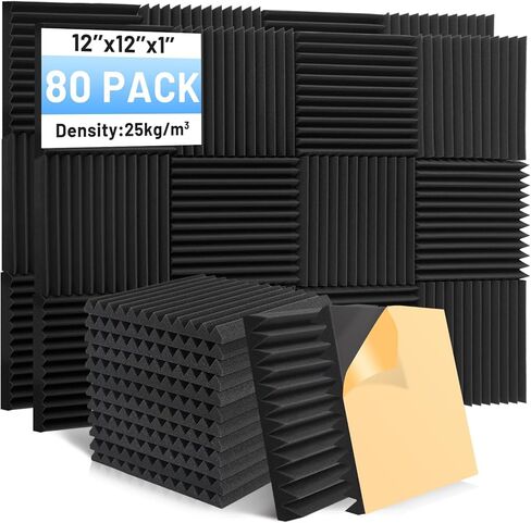Focusound 80 حزمة من ألواح الرغوة الصوتية، 1 × 12 × 12 بوصة من ألواح الرغوة الصوتية مع ألواح إسفين عازلة للصوت ذاتية اللصق وعالية الكثافة لغرفة ألعاب مكتب الاستوديو in Kuwait