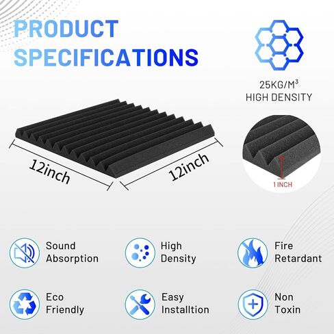 Focusound 80 حزمة من ألواح الرغوة الصوتية، 1 × 12 × 12 بوصة من ألواح الرغوة الصوتية مع ألواح إسفين عازلة للصوت ذاتية اللصق وعالية الكثافة لغرفة ألعاب مكتب الاستوديو in Kuwait
