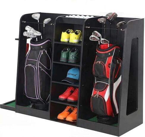 رف تخزين حقيبة الجولف الخشبي، منظم نادي الجولف بسعة حقيبتين مع هيكل خشبي فاخر، حامل على الحائط أو حامل تخزين معدات الجولف قائم بذاته للمرآب، الطابق السفلي، غرفة التدريب in Kuwait