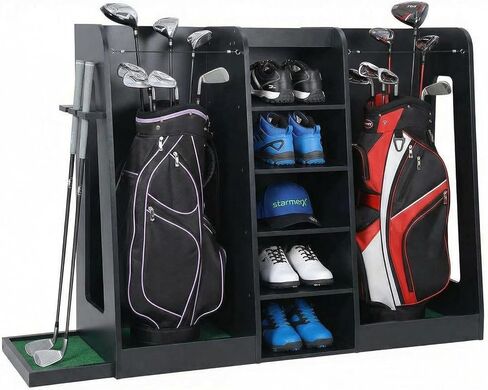 رف تخزين حقيبة الجولف الخشبي، منظم نادي الجولف بسعة حقيبتين مع هيكل خشبي فاخر، حامل على الحائط أو حامل تخزين معدات الجولف قائم بذاته للمرآب، الطابق السفلي، غرفة التدريب in Kuwait